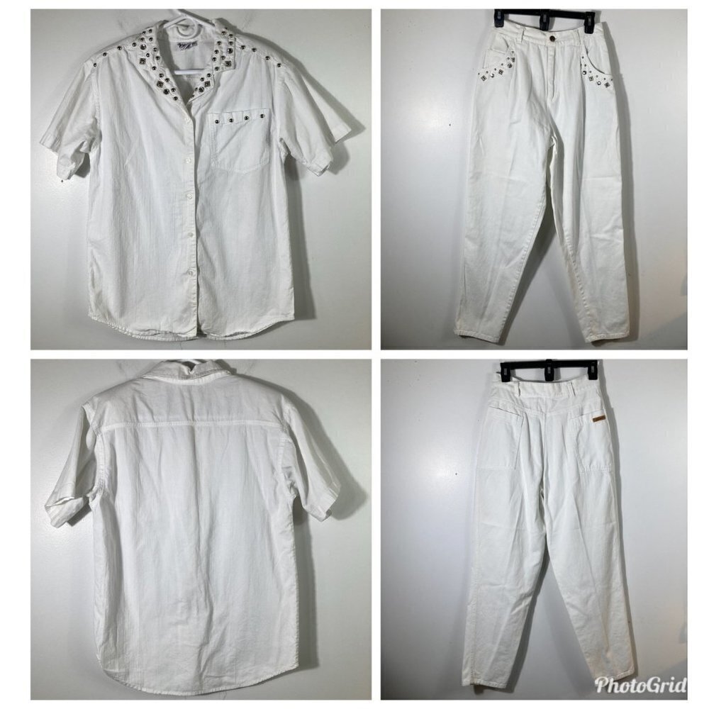 Womens Vintage Dreams 2 Piece Studded Mom Jeans Button Shirt Set White 26" READ